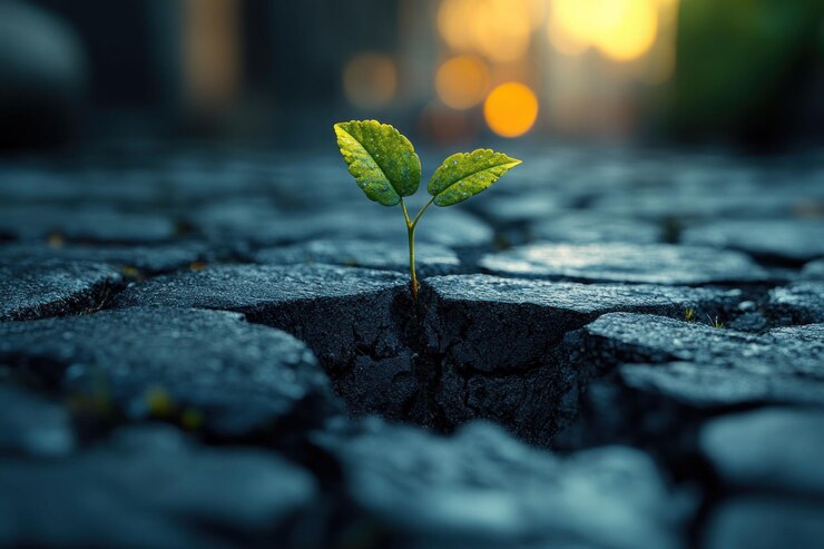 PSD a small green plant grows out of a crack in a stone pavement symbolizing resilience and hope