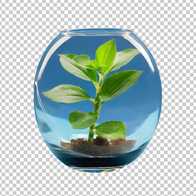 Small green plant in a round glass vase