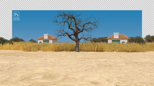 Small house and dry tree and grass on field