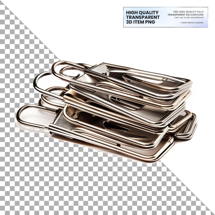 PSD small metal paper clips for holding sheets on transparent background