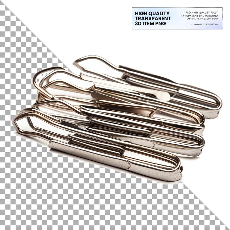 PSD small metal paper clips for holding sheets on transparent background