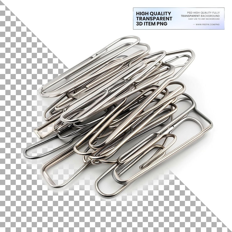 PSD small metal paper clips for holding sheets on transparent background