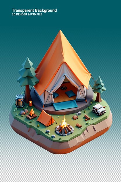 PSD a small model of a campfire with a tent in the middle