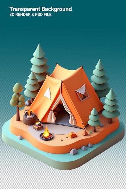 PSD a small model of a camping tent with a fire pit in the middle