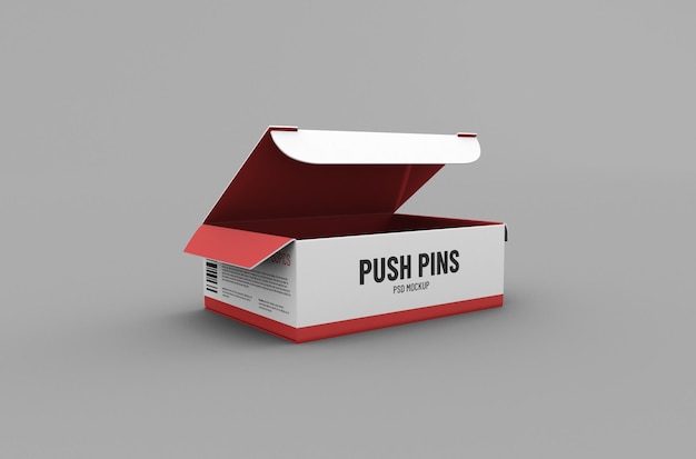 Small opened push pins box packaging mockup for brand advertising on clean background