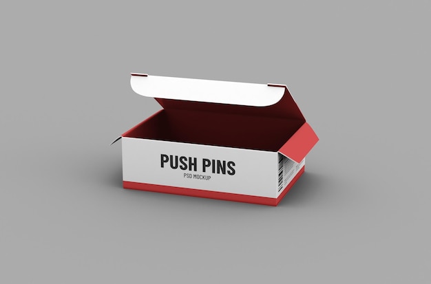 Small opened push pins box packaging mockup for brand advertising on clean background