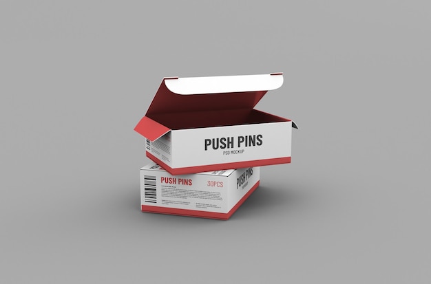 Small opened push pins box packaging mockup for brand advertising on clean background