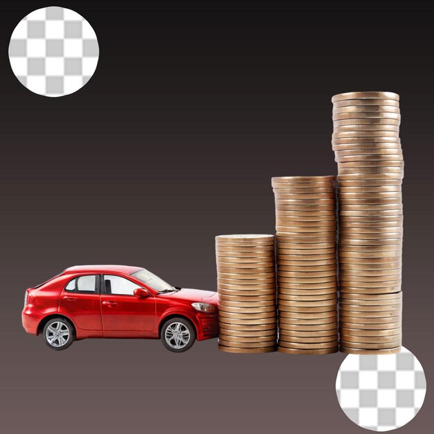 PSD a small orange car on a pile of coins on transparent background