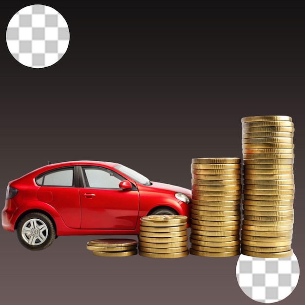 PSD a small orange car on a pile of coins on transparent background