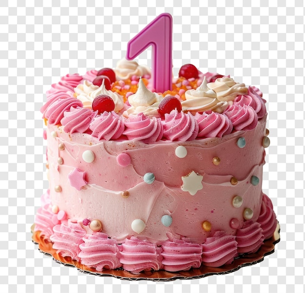 PSD piccola torta rosa compleanno di un anno su sfondo trasparente psd