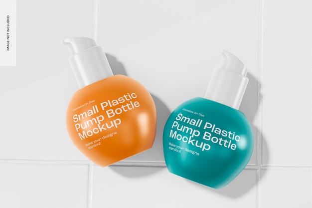 small plastic pump bottles mockup, top view