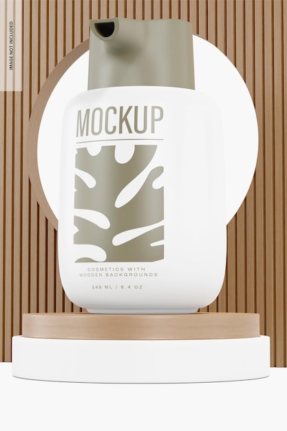 small pump bottle on wooden stage mockup, right view