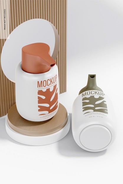 small pump bottles on wooden stage mockup, standing and dropped