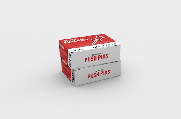 Small push pins box packaging mockup for brand advertising on a clean background