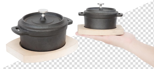 PSD small saucepan for serving food on a wooden stand. isolated from the background