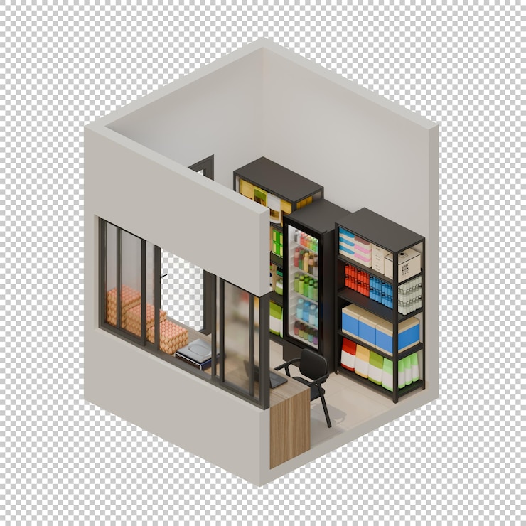 PSD small shop front right view isometric 3d render illustration