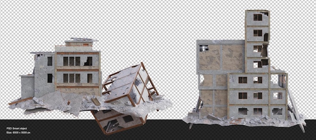 Small size building damaged after war 3d render isolated