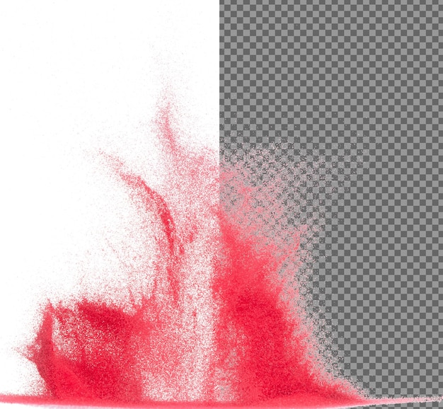 small size red sand flying explosion blood sands grain wave explode abstract cloud fly red colored sand splash throwing in air white background isolated high speed shutter throwing freeze stop