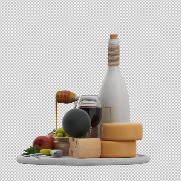 Small table with provolone wine olives apple honey 3d render