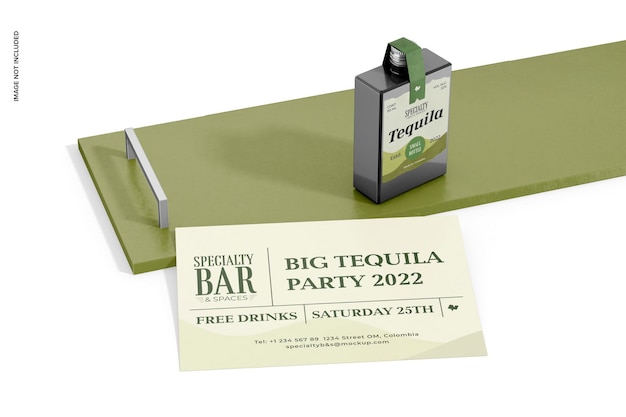 Small Tequila Bottle with Stationery Mockup on Tray