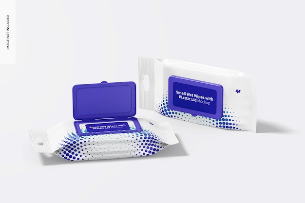 PSD small wet wipes with plastic lid packaging mockup, opened and closed