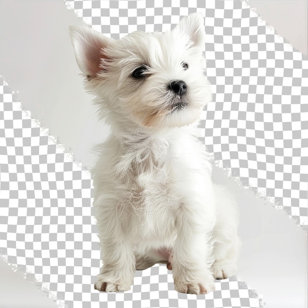 PSD a small white dog with a black nose sits on a white background