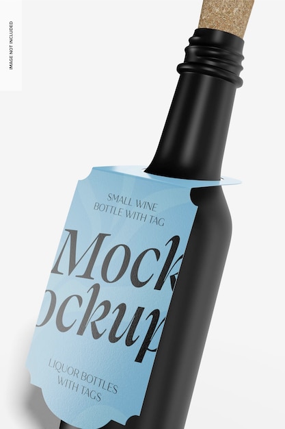 PSD small wine bottle with tag mockup, close up