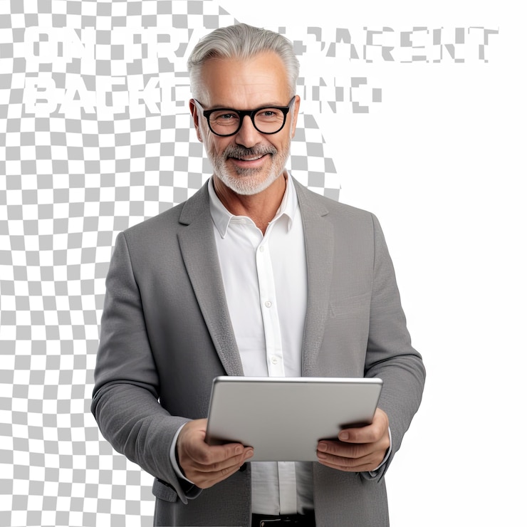 PSD smart caucasian mature middleaged senior freelancer grandfather ceo boss teacher professor using digital tablet for remote work online watching webinars isolated in transparent background