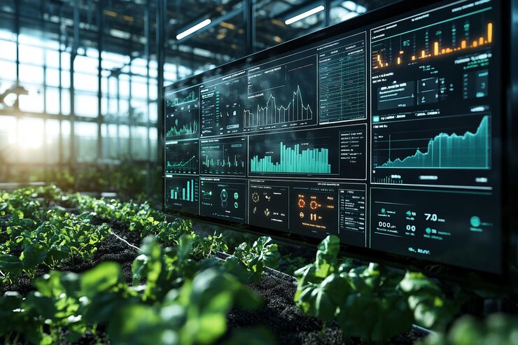 PSD smart farm technology dashboard displaying plant growth data in a greenhouse