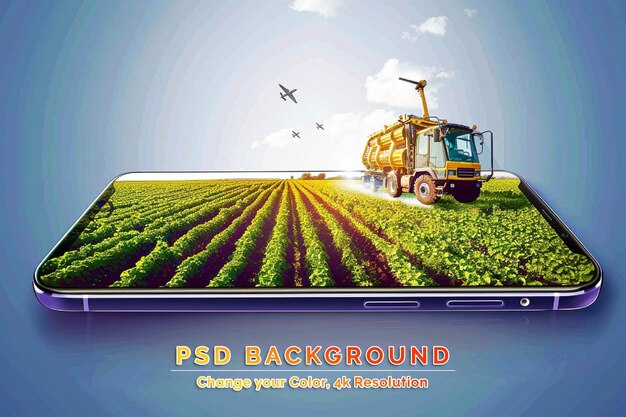 PSD smart farming concept tractor on a smartphone farm online management ads