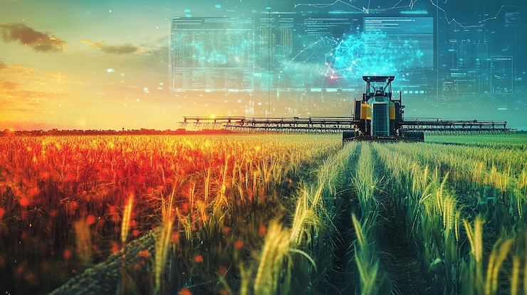 PSD smart farming technology harvesting wheat field at sunset