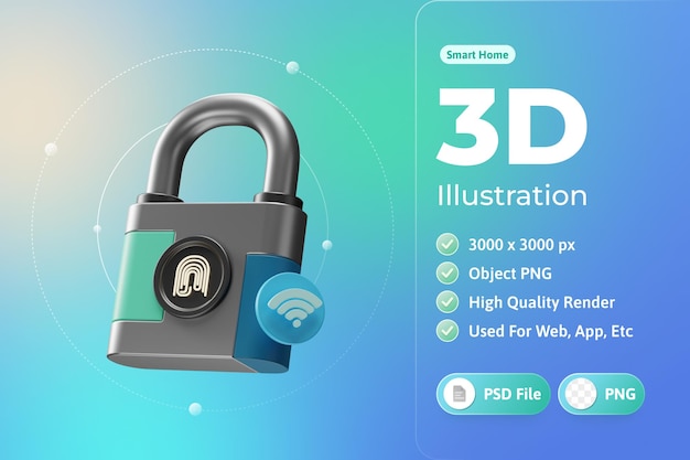 PSD smart home futuristic lock 3d illustration