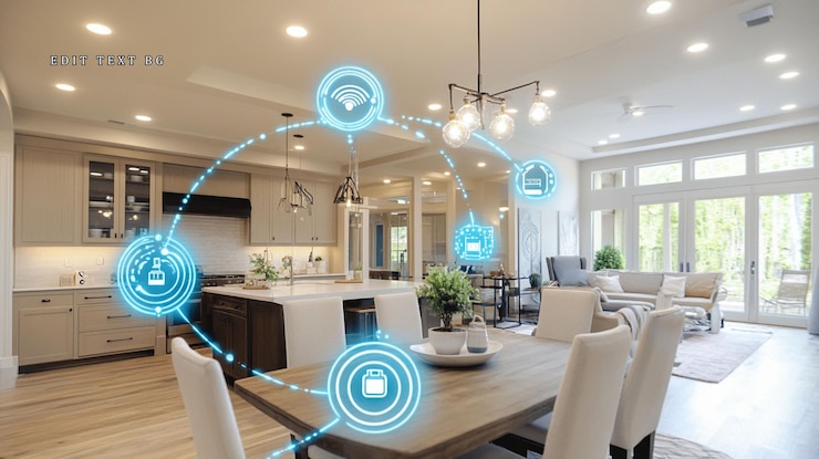 PSD smart home-technologie-interface weergegeven over moderne eetkamer en keuken