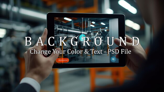 PSD smart industry control concepthands holding tablet on blurred automation machine