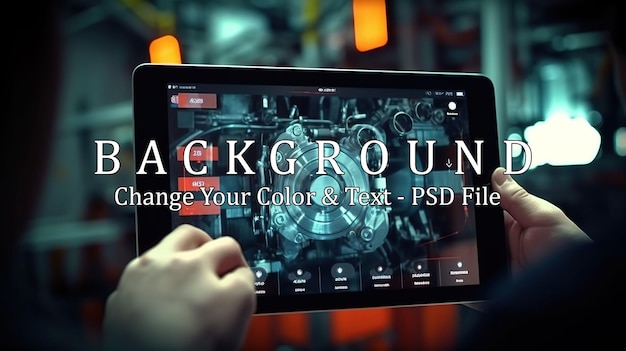 PSD スマートな産業制御コンセプト タブレットを握る手は ぼんやりしたオートメーションマシン