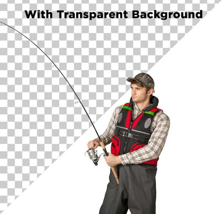 PSD smart man or fisher man catching or fishing with spinning rod png psd isolated transparentbackground