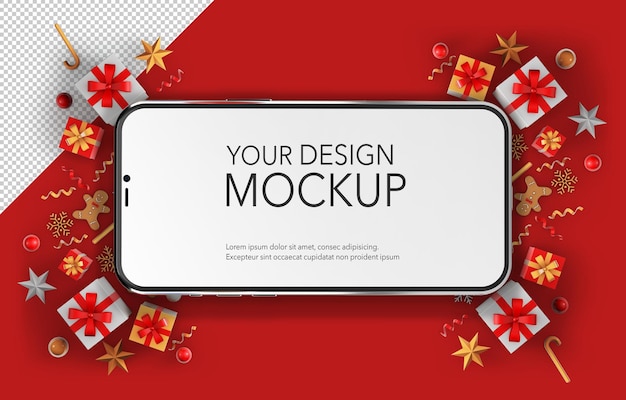 PSD クリスマスの背景にスマートフォンのモックアップ