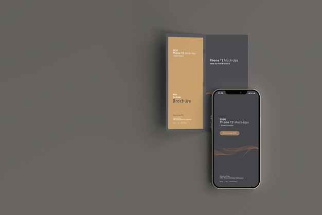 Smart phone mockup with bi-fold brochure