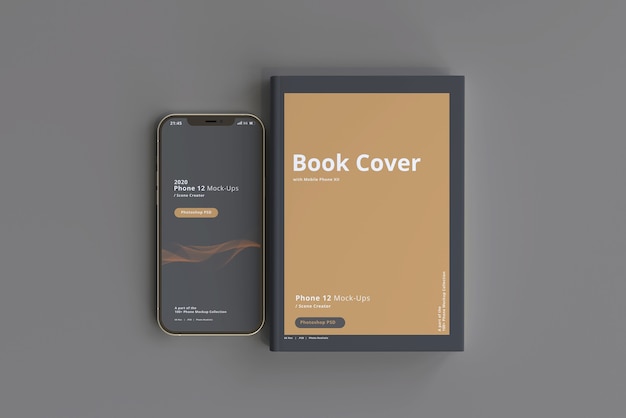 PSD mockup di smartphone con libro con copertina rigida