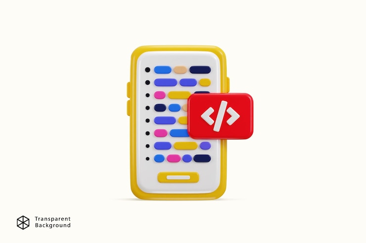 PSD smart phone and program code development coding icon concept of mobile app development 3d icon