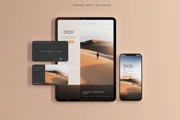 PSD smartphone e tablet con mockup di biglietti da visita