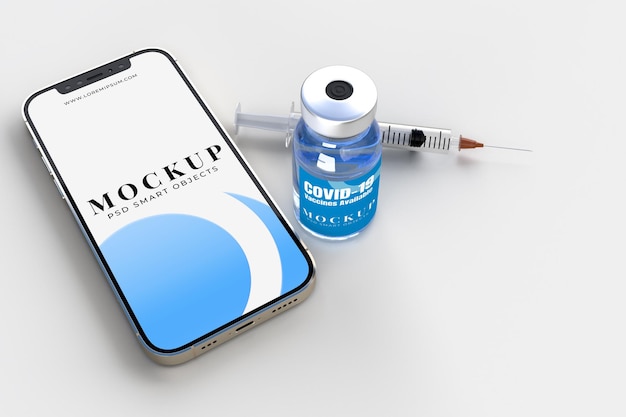 Smartphone con strumenti medici e vaccini covid-19. modello di mockup banner per ospedale, clinica, concetto di business medico. rendering 3d