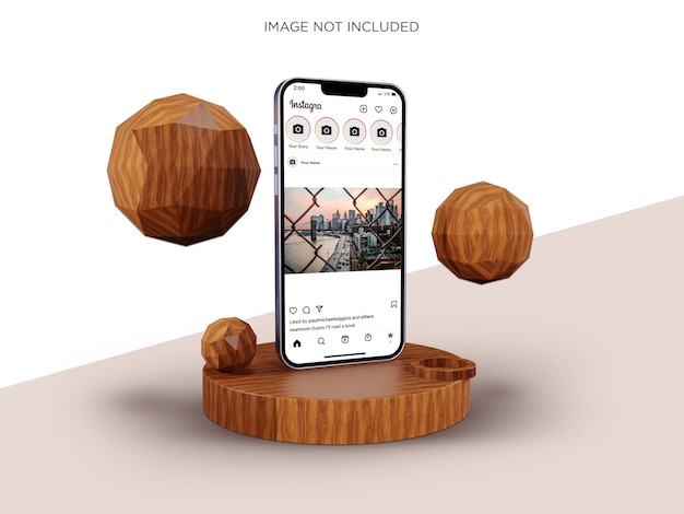 Smart phone con mockup psd di base 3d in legno