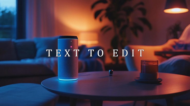 PSD smart speaker on coffee table in dimly lit living room