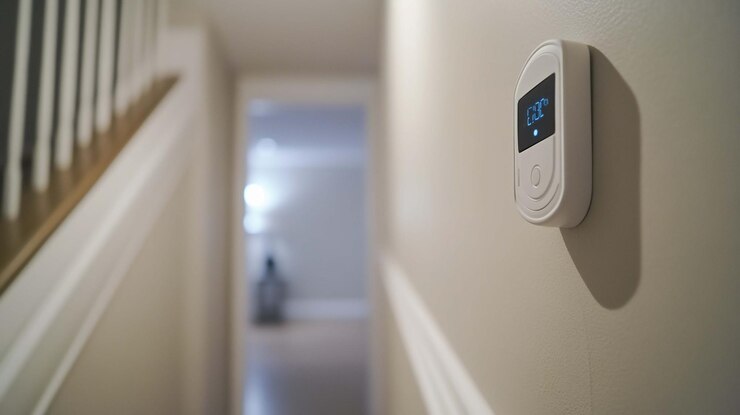 PSD smart thermostat on hallway wall showing temperature blurred background