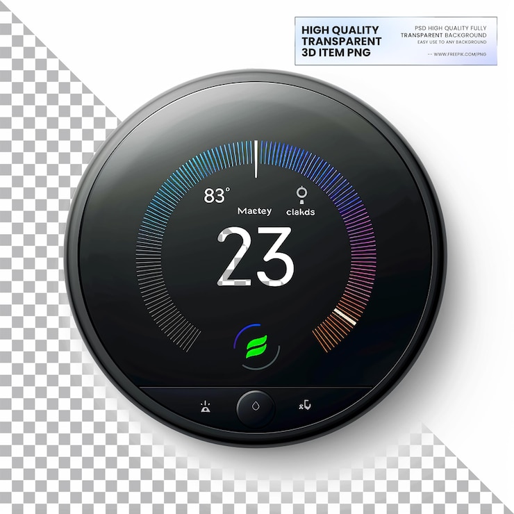 PSD smart thermostat with remote control on transparent background