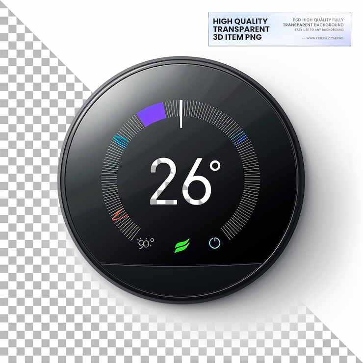 PSD smart thermostat with remote control on transparent background