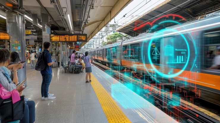 PSD smart transportation augmented reality at the train station passengers await arrival as digital interface overlays realtime data onto a moving train showcasing future of travel