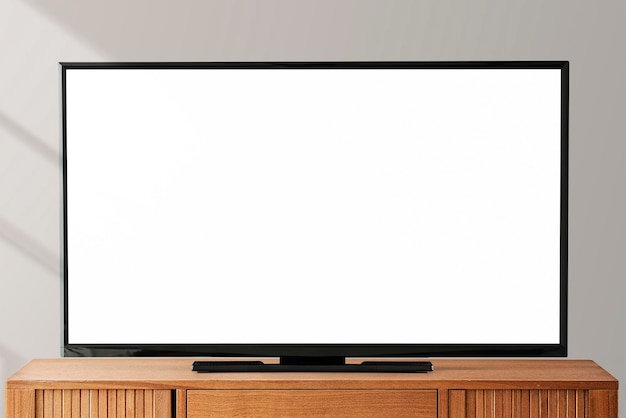 Smart TV mockup psd na drewnianym stole