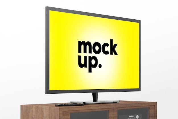 PSD smart tv mockup with side perspective view on wood cabinet